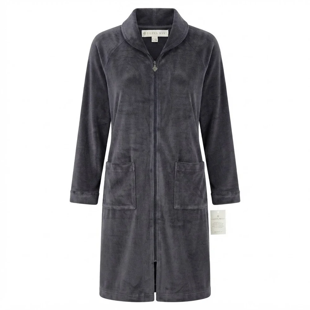 NEW Eileen West Womens Gray Plush Velour Zip Front Long Robe L/XL - IW
